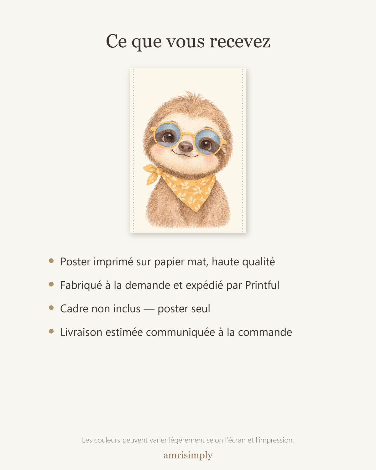 Poster Paresseux Sans Cadre – Décoration Chambre Bébé Animaux Aquarelle – Papier Mat