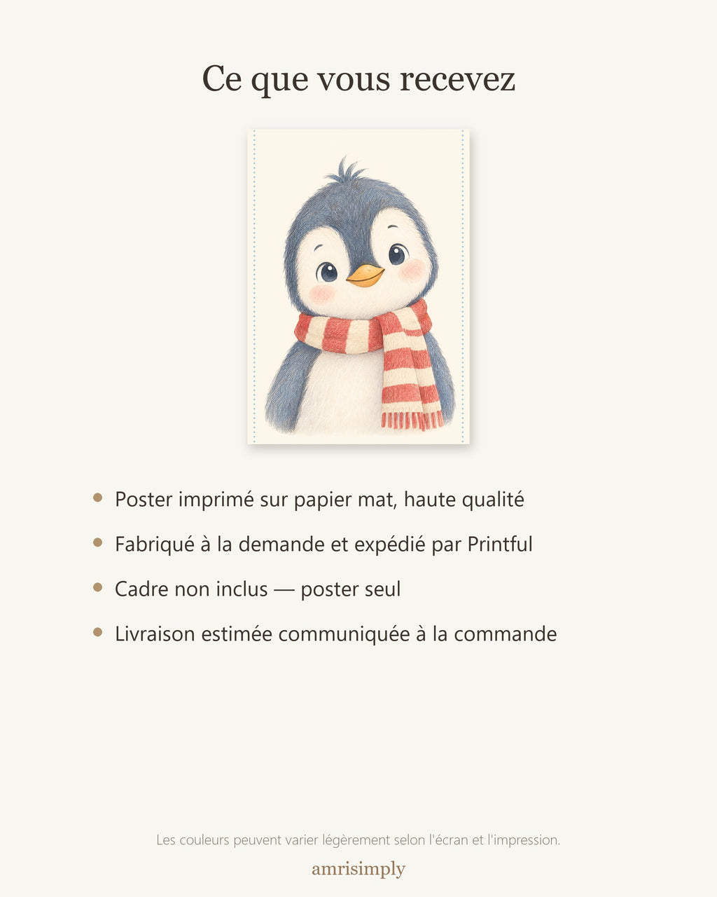 Poster Pingouin Écharpe Rayée Sans Cadre – Décoration Chambre Bébé Animaux Aquarelle – Papier Mat