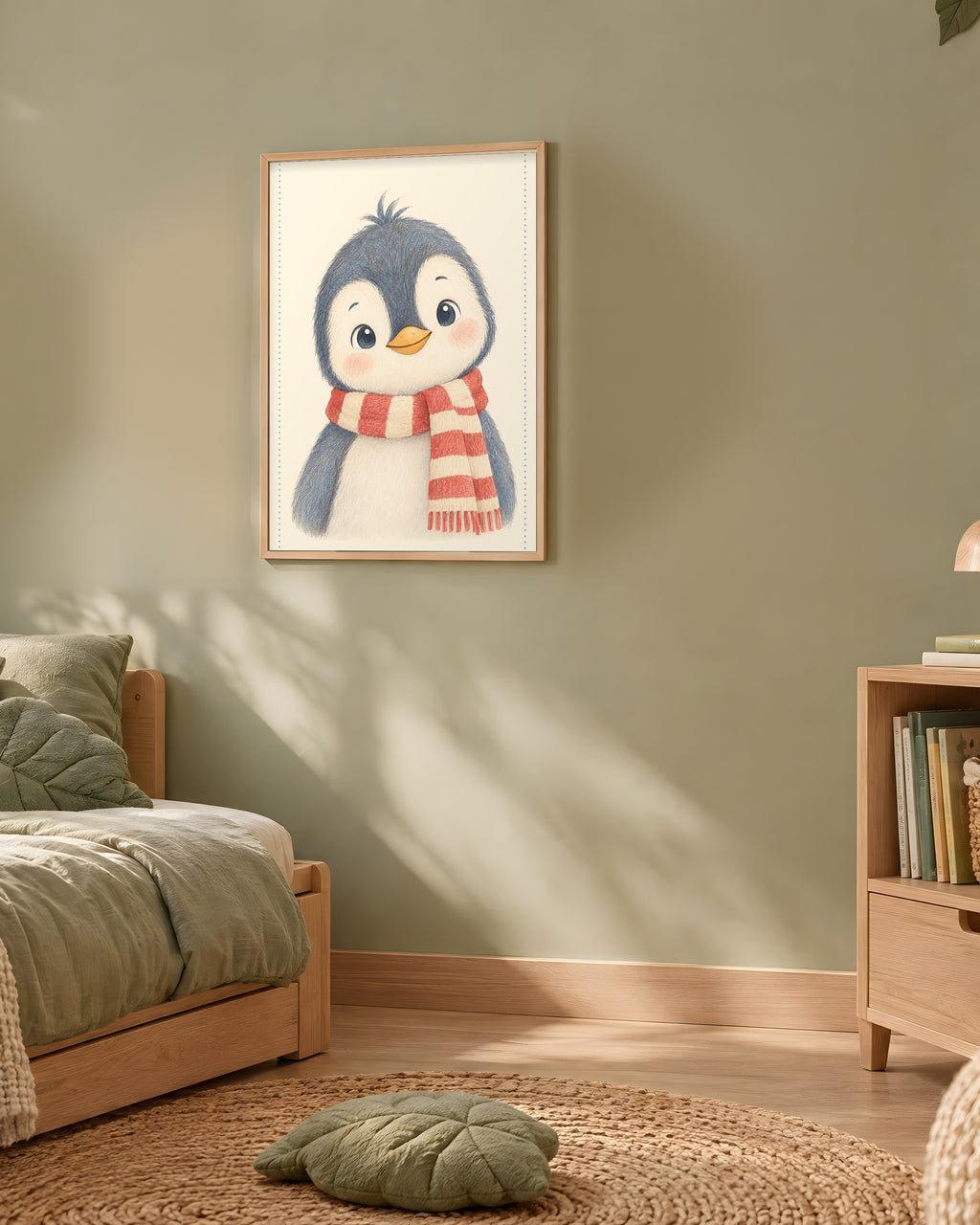 Poster Pingouin Écharpe Rayée Sans Cadre – Décoration Chambre Bébé Animaux Aquarelle – Papier Mat