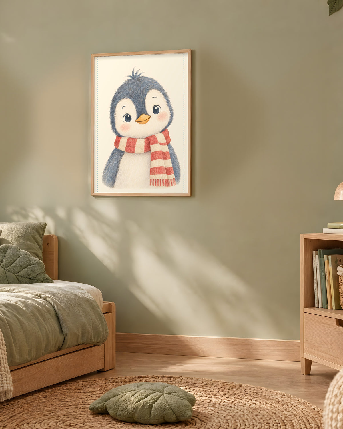 Poster Pingouin Écharpe Rayée Sans Cadre – Décoration Chambre Bébé Animaux Aquarelle – Papier Mat