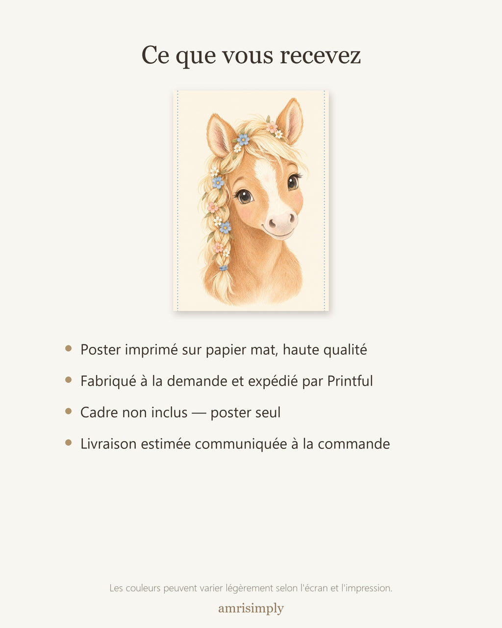 Poster Poulain Fleuri Sans Cadre – Décoration Chambre Bébé Animaux Aquarelle – Papier Mat