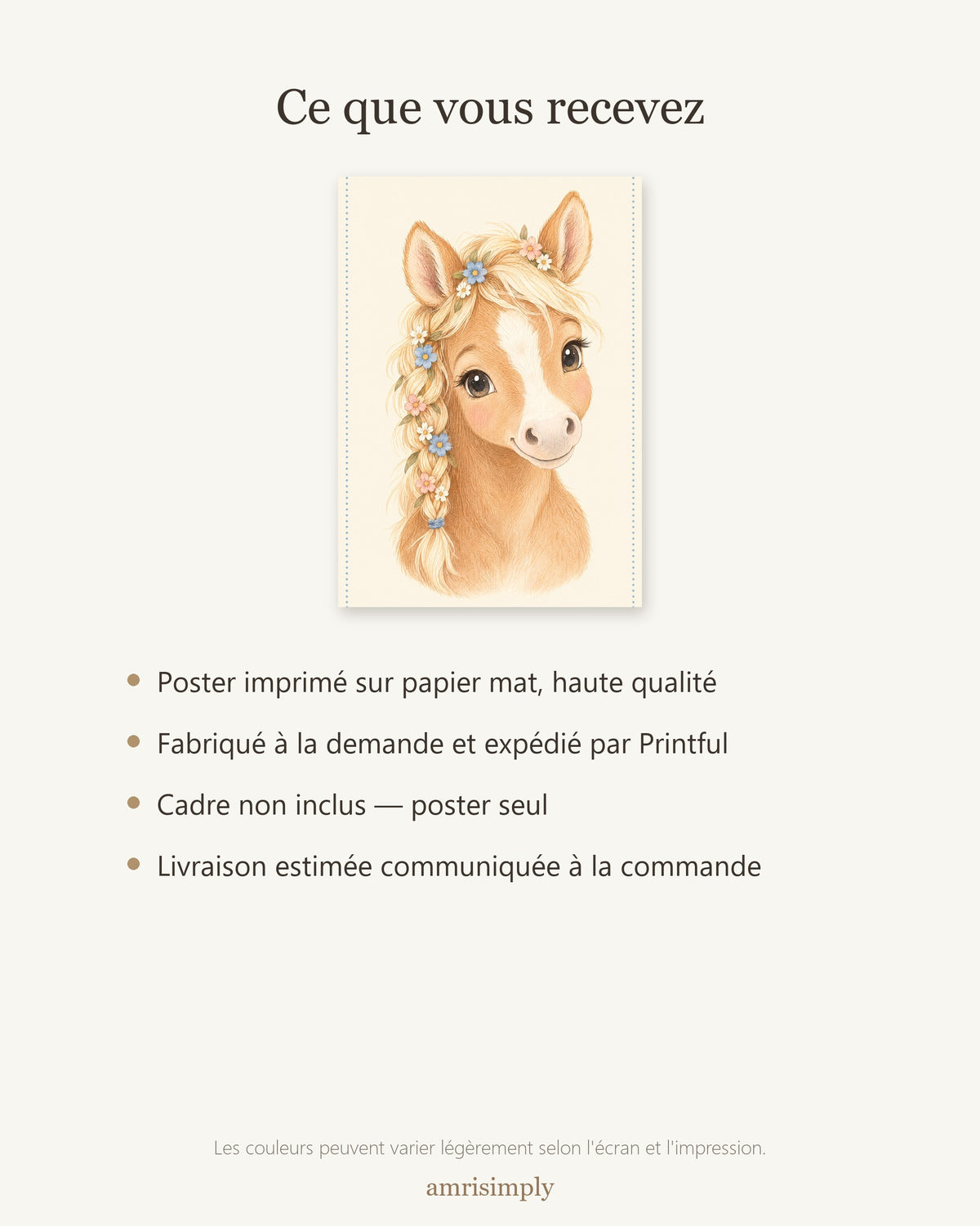 Poster Poulain Fleuri Sans Cadre – Décoration Chambre Bébé Animaux Aquarelle – Papier Mat