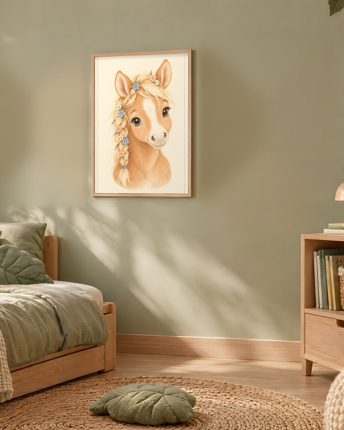 Poster Poulain Fleuri Sans Cadre – Décoration Chambre Bébé Animaux Aquarelle – Papier Mat