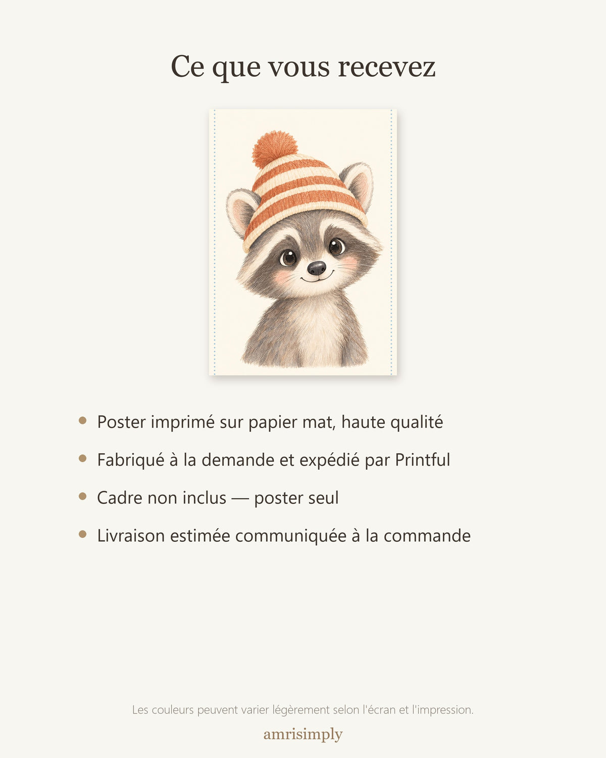 Poster Raton Laveur Sans Cadre – Décoration Chambre Bébé Animaux Aquarelle – Papier Mat