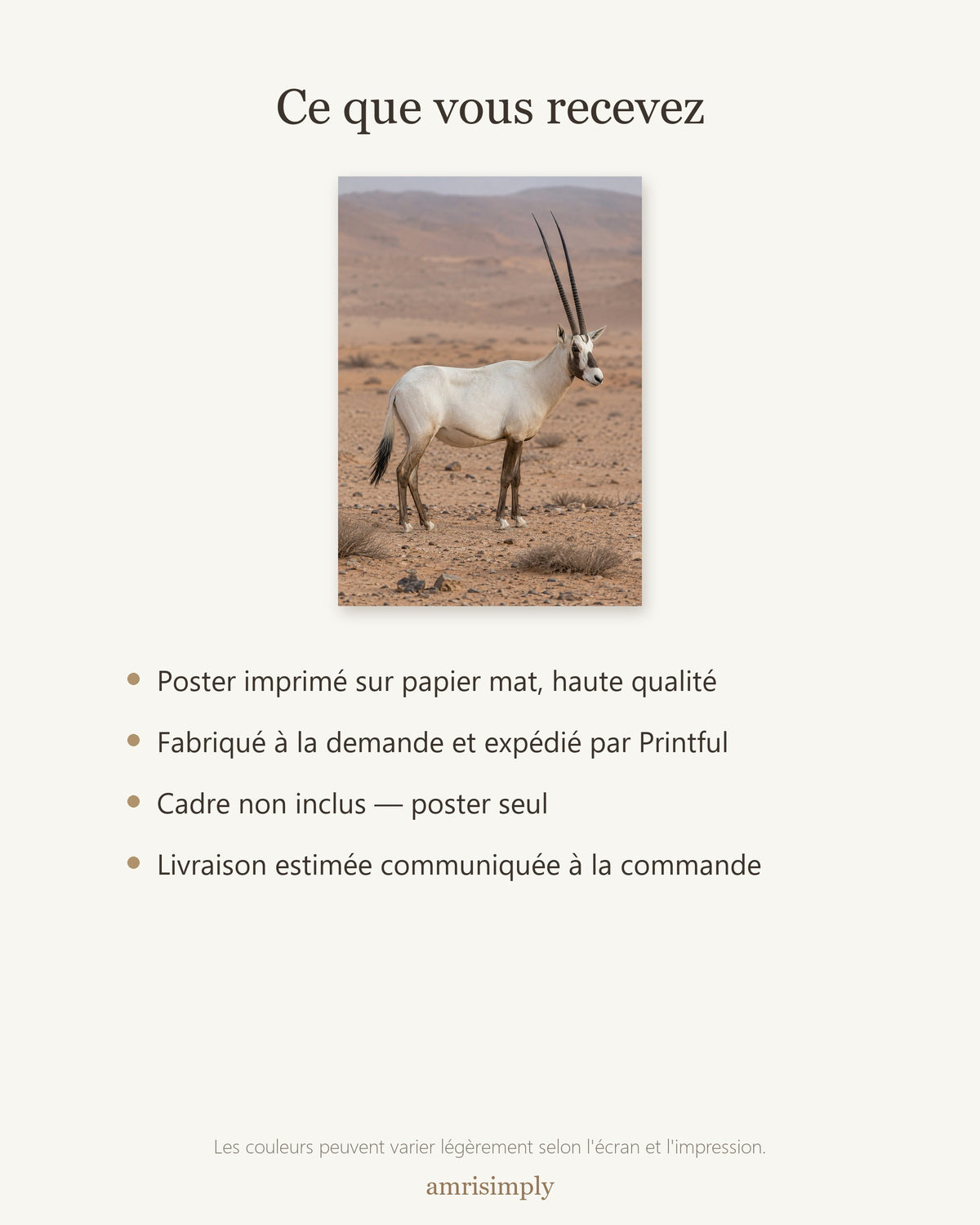 Poster Oryx d'Arabie Sans Cadre - Affiche Animaux Sauvages - Papier Mat - Décoration Murale