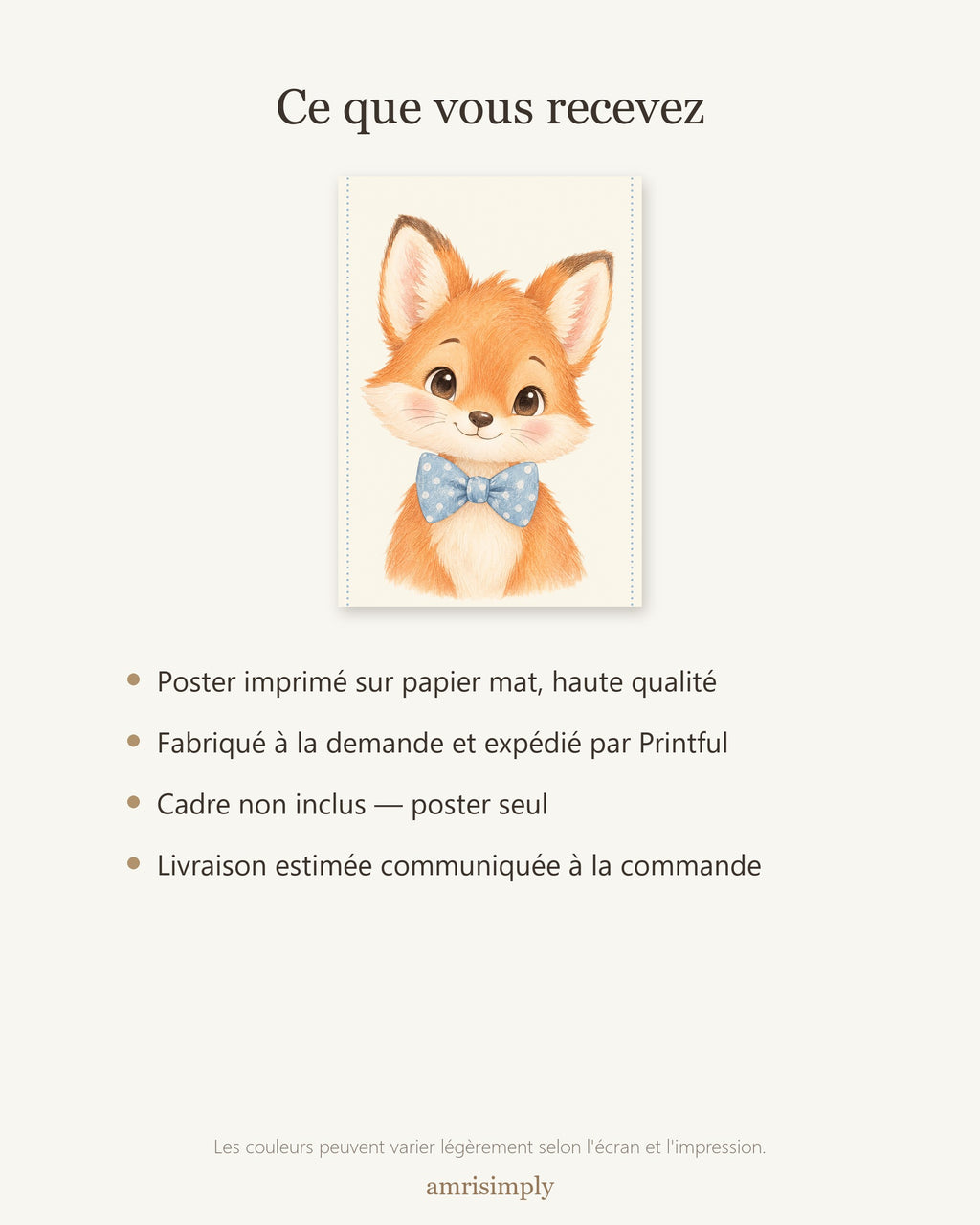 Poster Renardeau Nœud Papillon Sans Cadre – Décoration Chambre Bébé Animaux Aquarelle – Papier Mat