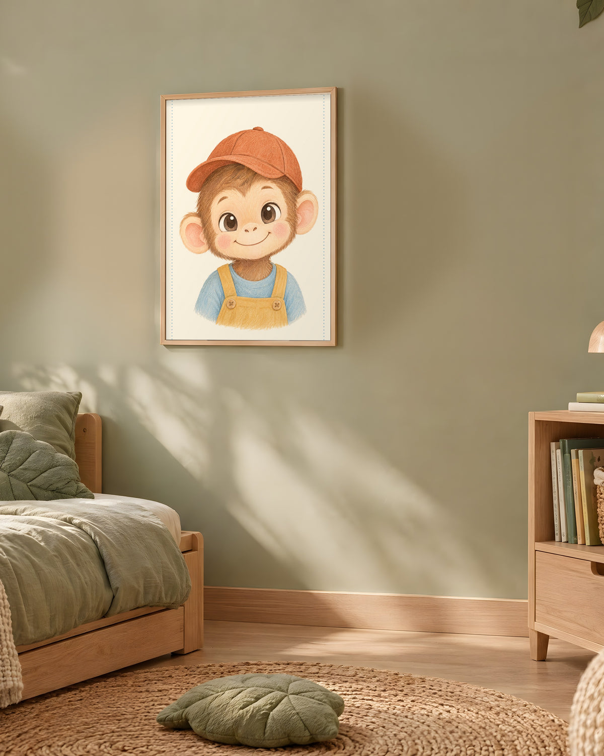 Poster Singe en Salopette Sans Cadre – Décoration Chambre Bébé Animaux Aquarelle – Papier Mat
