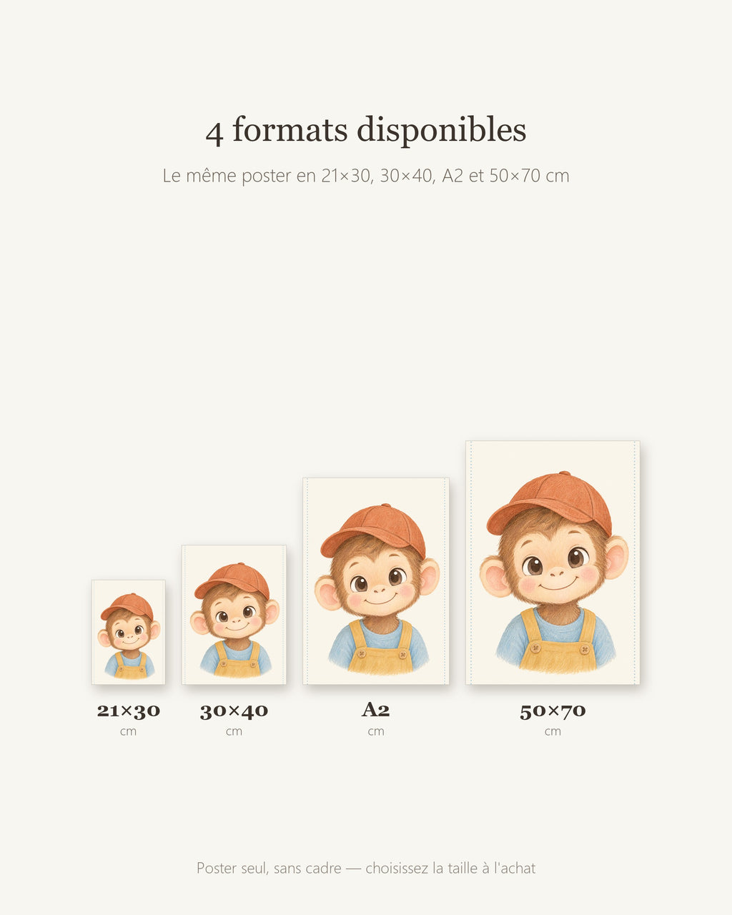 Poster Singe en Salopette Sans Cadre – Décoration Chambre Bébé Animaux Aquarelle – Papier Mat