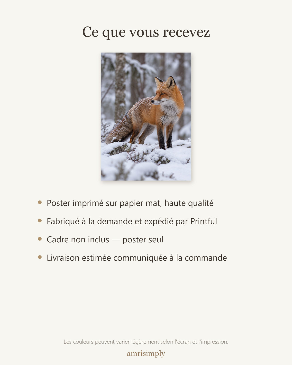 Poster Renard dans la neige Sans Cadre - Affiche Animaux Sauvages - Papier Mat - Décoration Murale