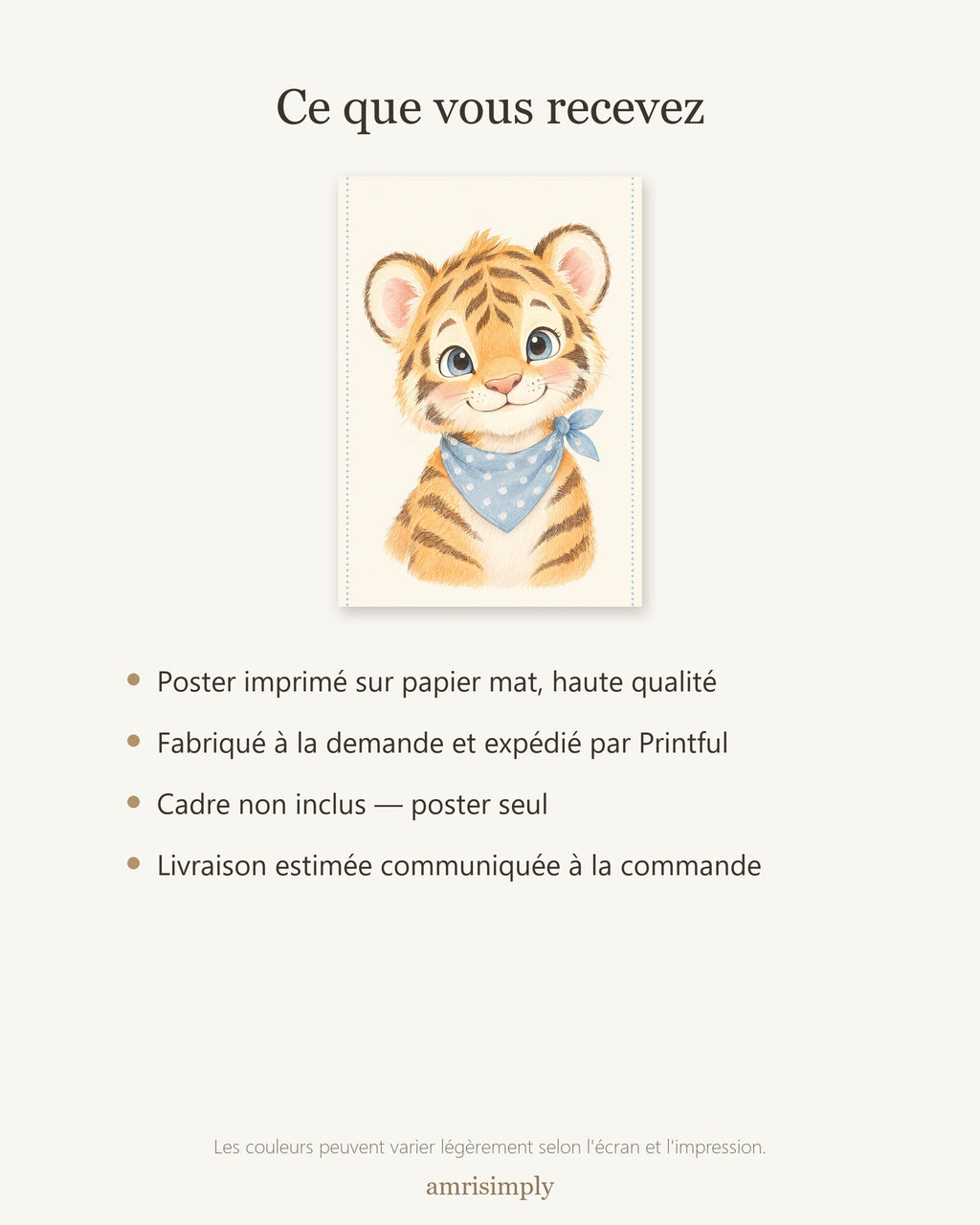 Poster Tigre au Foulard Sans Cadre – Décoration Chambre Bébé Animaux Aquarelle – Papier Mat