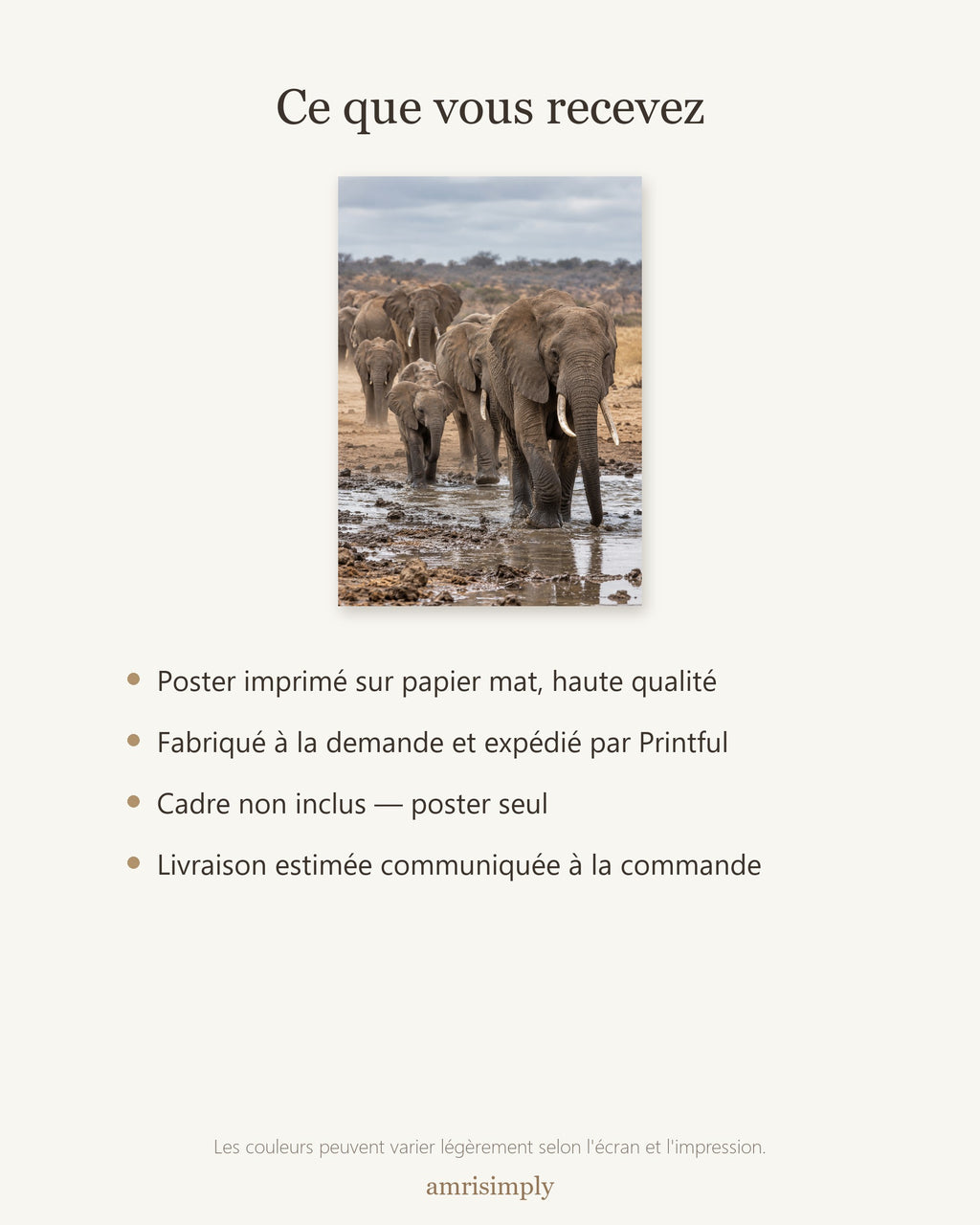 Poster Éléphants au point d'eau Sans Cadre - Affiche Animaux Sauvages - Papier Mat - Décoration Murale