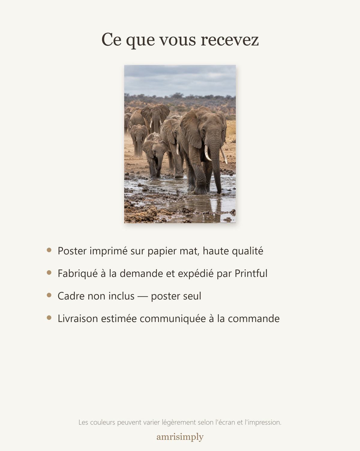 Poster Éléphants au point d'eau Sans Cadre - Affiche Animaux Sauvages - Papier Mat - Décoration Murale