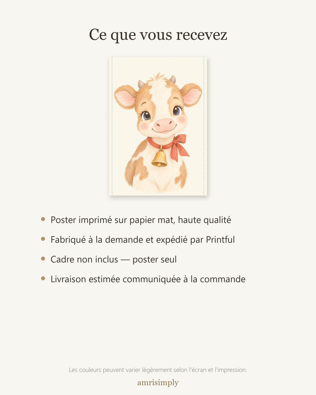 Poster Veau au Grelot Sans Cadre – Décoration Chambre Bébé Animaux Aquarelle – Papier Mat