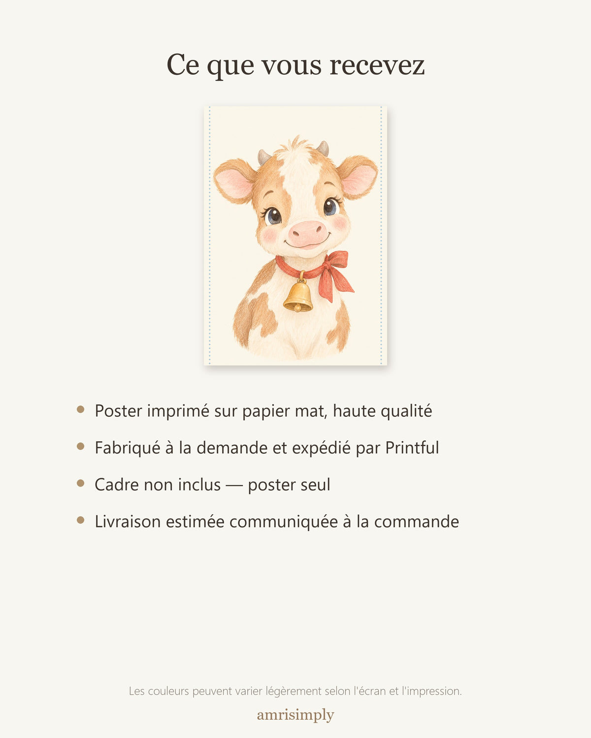 Poster Veau au Grelot Sans Cadre – Décoration Chambre Bébé Animaux Aquarelle – Papier Mat