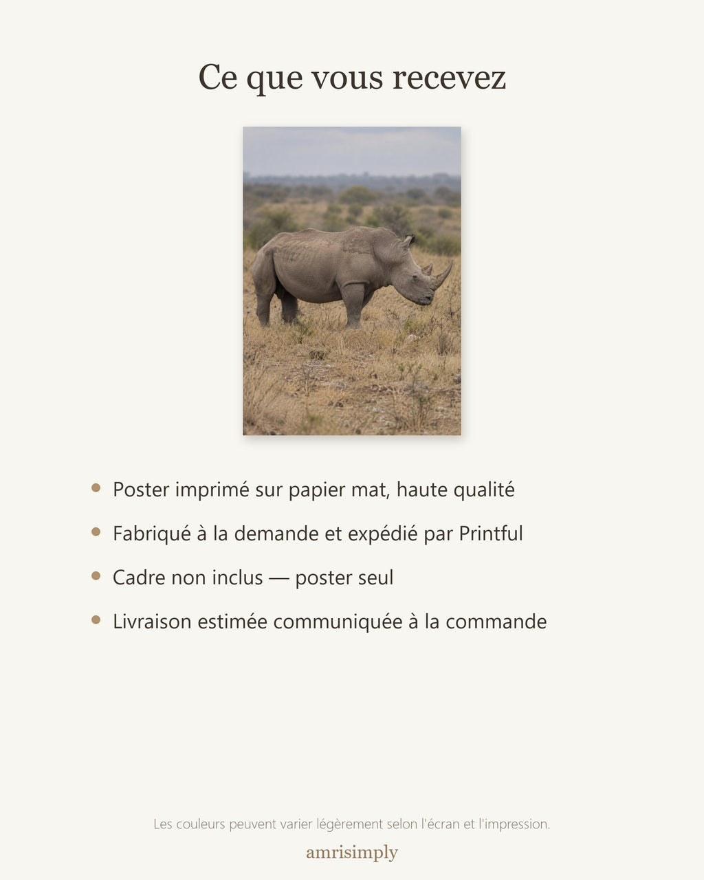 Poster Rhinocéros blanc Sans Cadre - Affiche Animaux Sauvages - Papier Mat - Décoration Murale