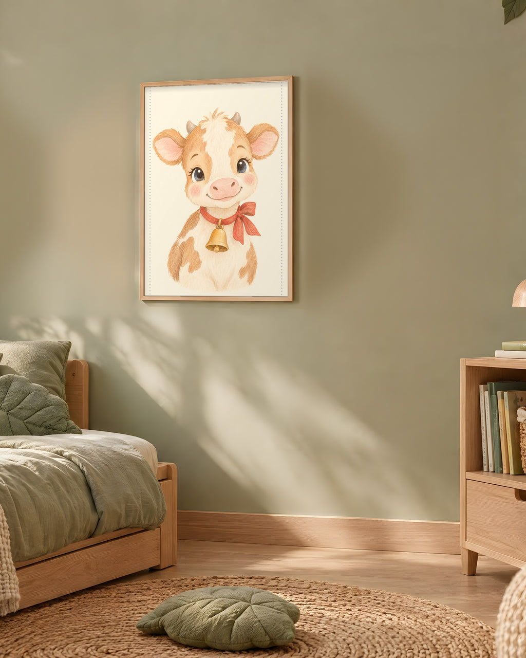 Poster Veau au Grelot Sans Cadre – Décoration Chambre Bébé Animaux Aquarelle – Papier Mat