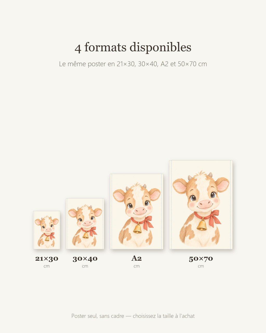 Poster Veau au Grelot Sans Cadre – Décoration Chambre Bébé Animaux Aquarelle – Papier Mat
