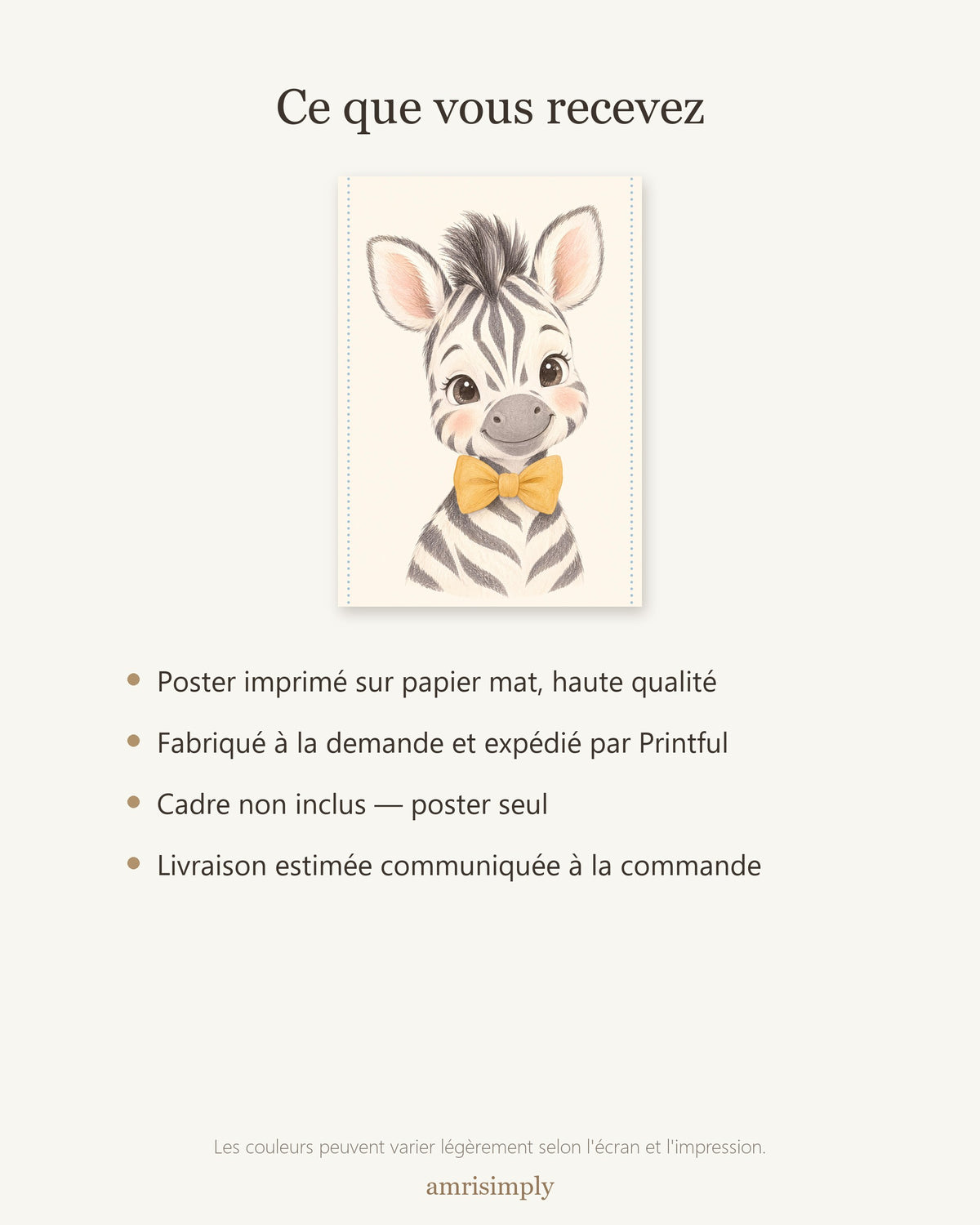 Poster Zèbre Nœud Papillon Sans Cadre – Décoration Chambre Bébé Animaux Aquarelle – Papier Mat