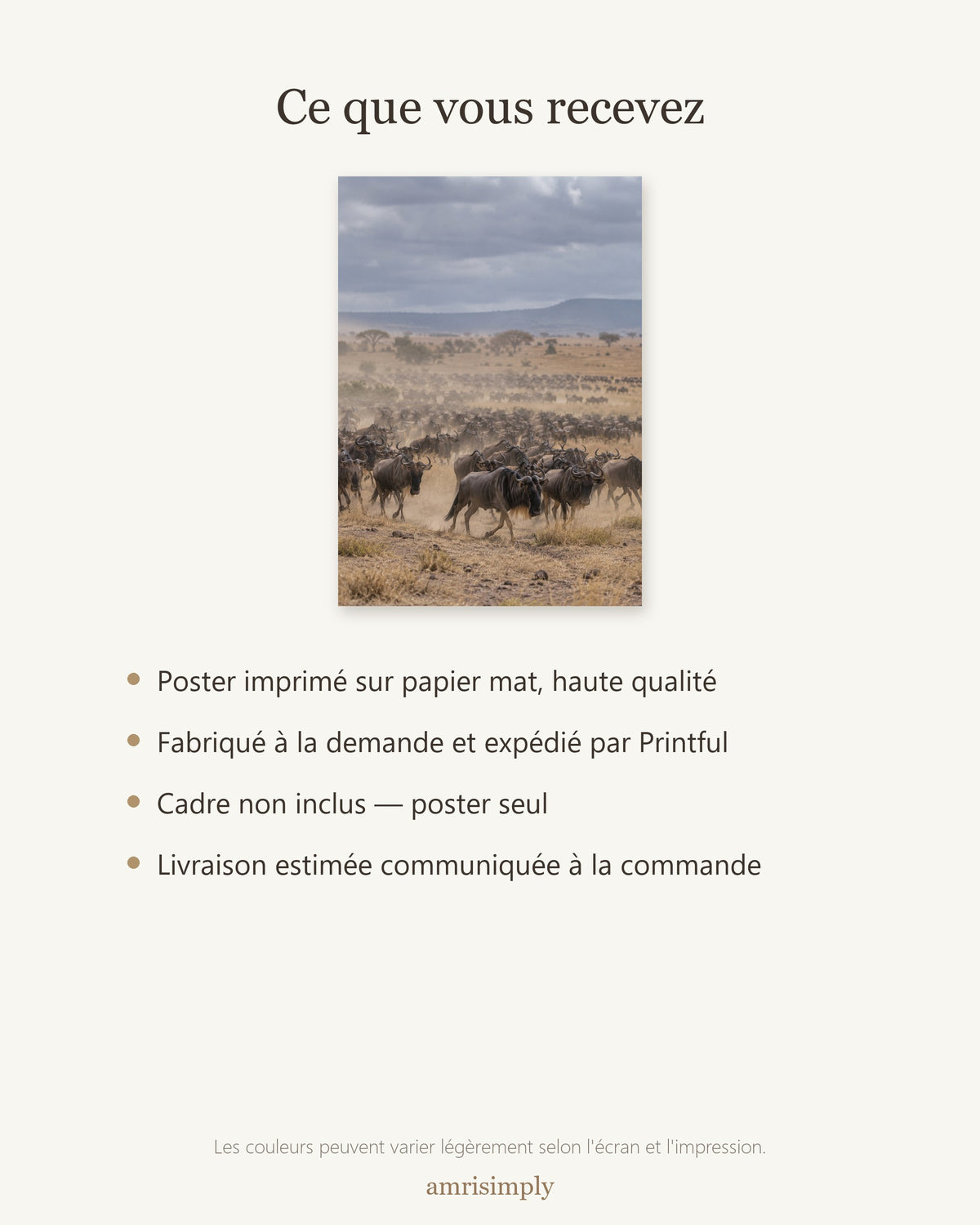 Poster Migration des gnous Sans Cadre - Affiche Animaux Sauvages - Papier Mat - Décoration Murale