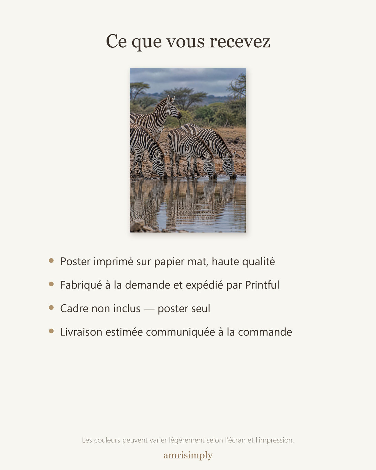 Poster Zèbres au point d'eau Sans Cadre - Affiche Animaux Sauvages - Papier Mat - Décoration Murale