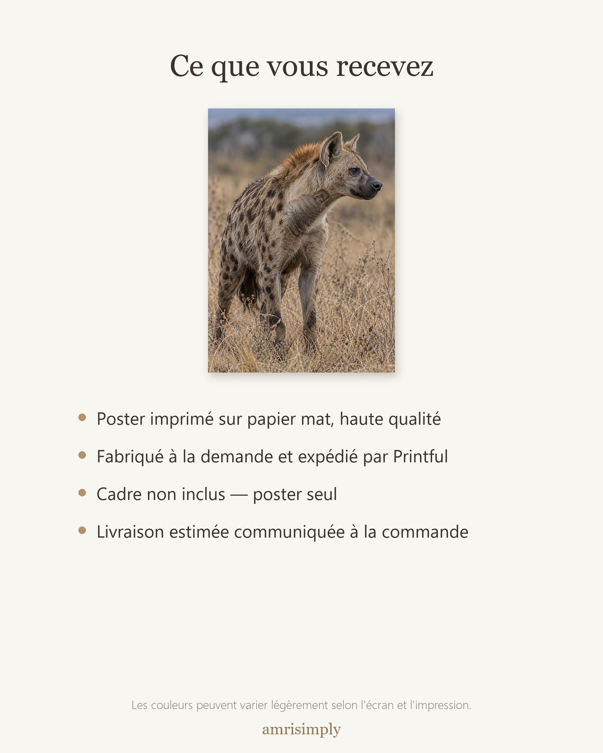 Poster Hyène tachetée Sans Cadre - Affiche Animaux Sauvages - Papier Mat - Décoration Murale