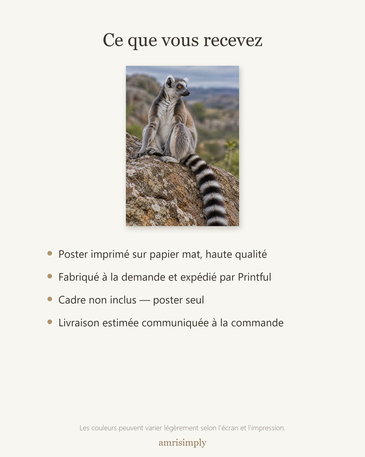 Poster Lémurien catta Sans Cadre - Affiche Animaux Sauvages - Papier Mat - Décoration Murale