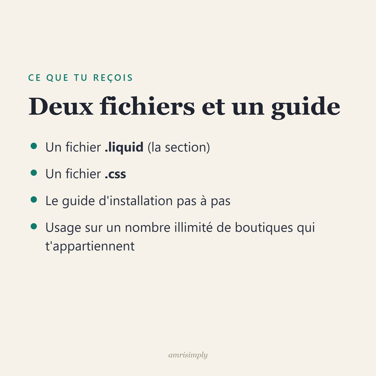 Ce que contient l'achat : un fichier .liquid, un fichier .css et le guide d'installation