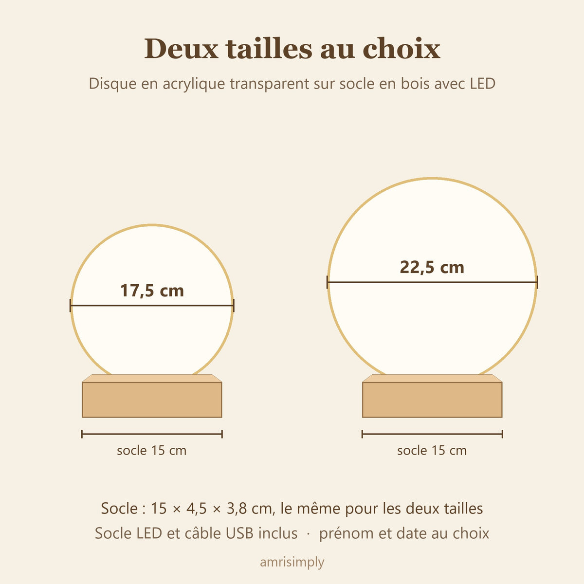 Les deux tailles de veilleuse : 17,5 cm et 22,5 cm