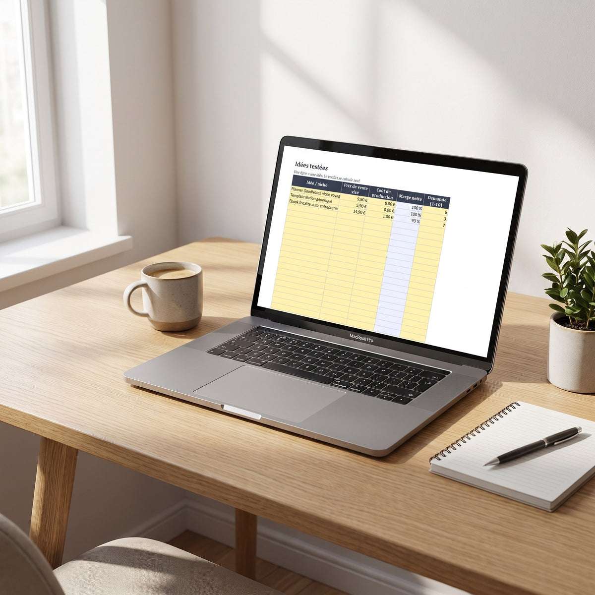 Tableur « Idées testées » avec prix de vente visé, coût de production, marge nette et demande, affiché sur un ordinateur portable