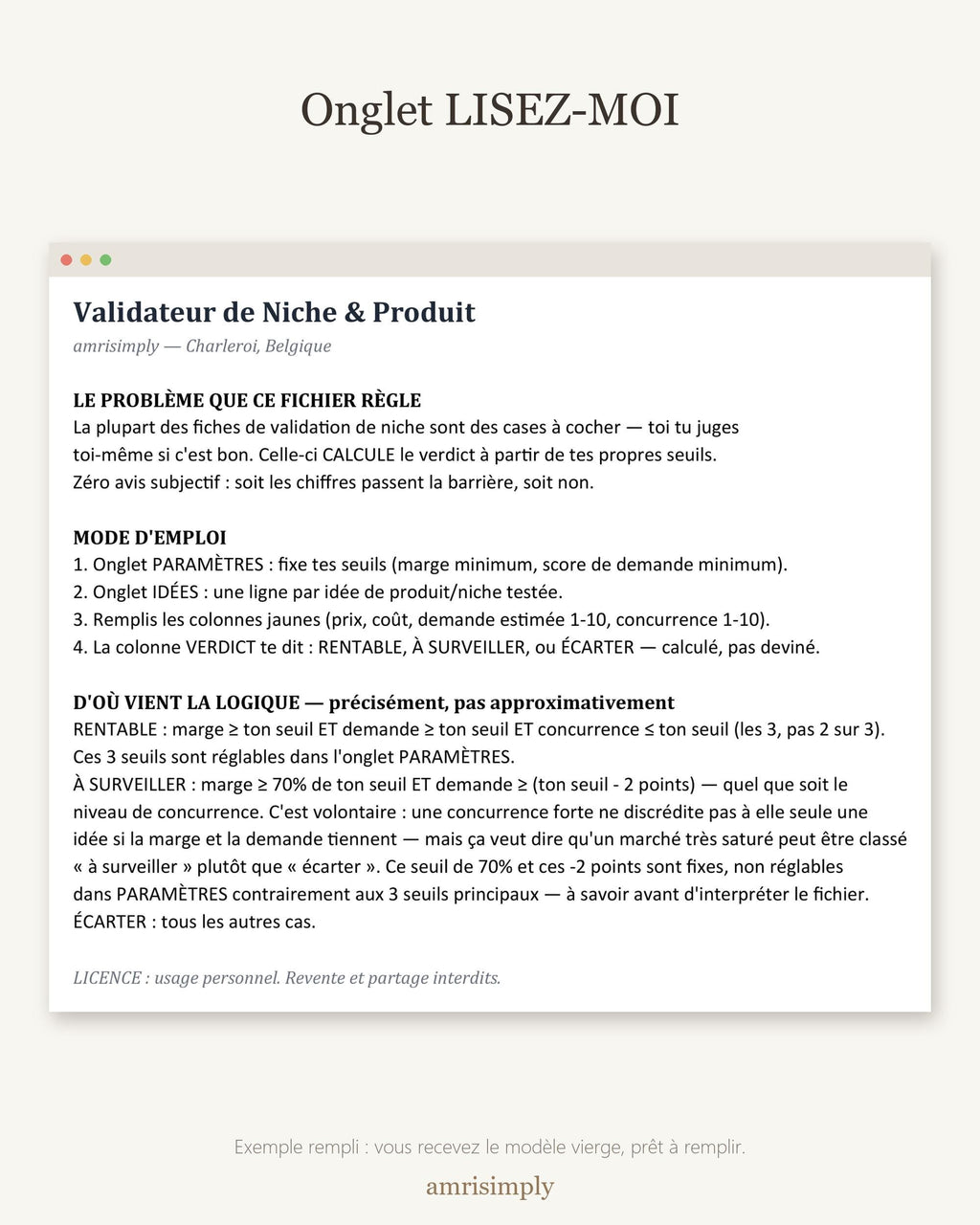 Onglet LISEZ-MOI : le mode d'emploi du validateur de niche et de produit