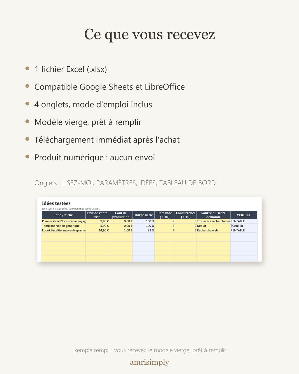 Ce que vous recevez : un fichier Excel compatible Google Sheets et LibreOffice, modèle vierge prêt à remplir