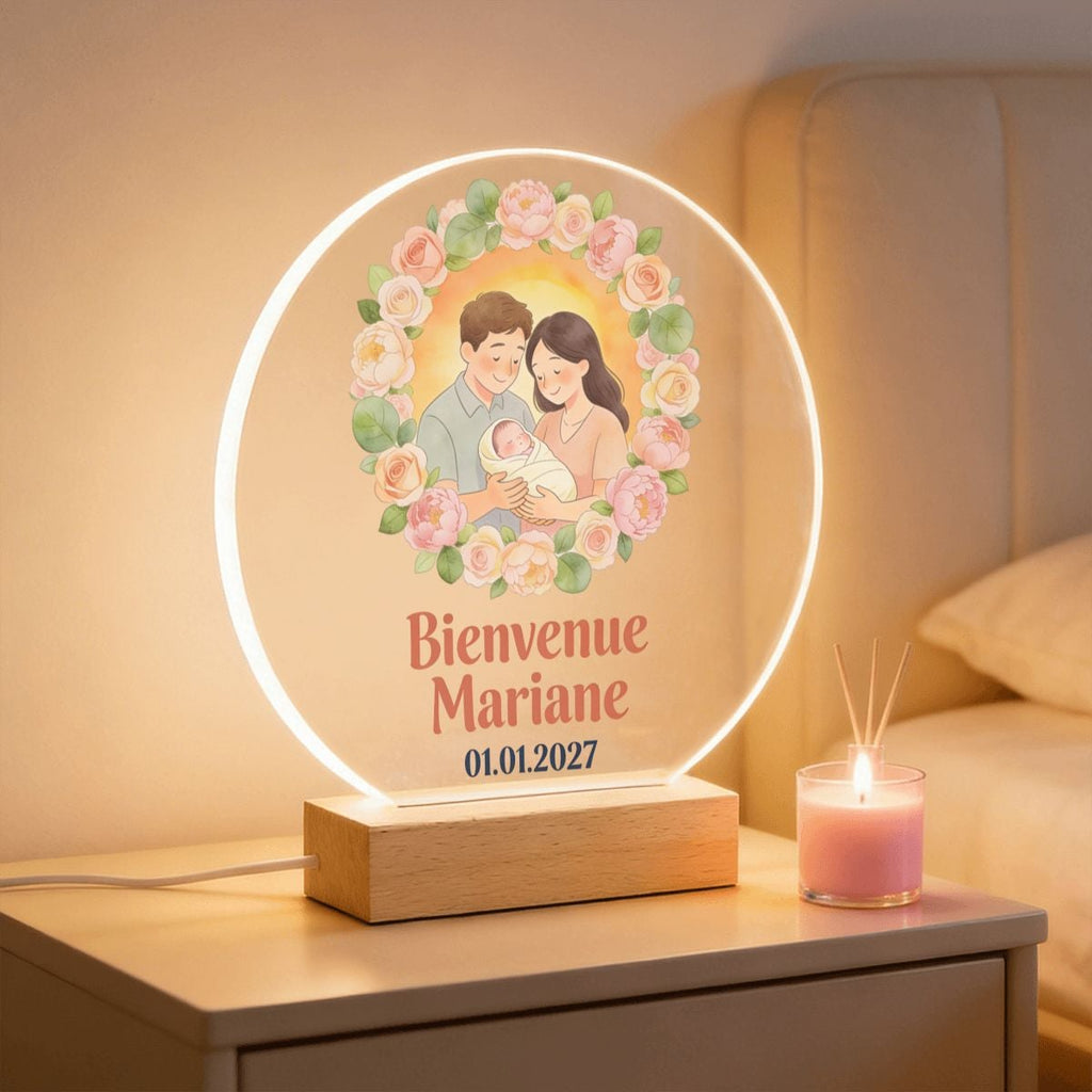 Veilleuse personnalisée prénom et date, thème naissance en famille (vue 2)
