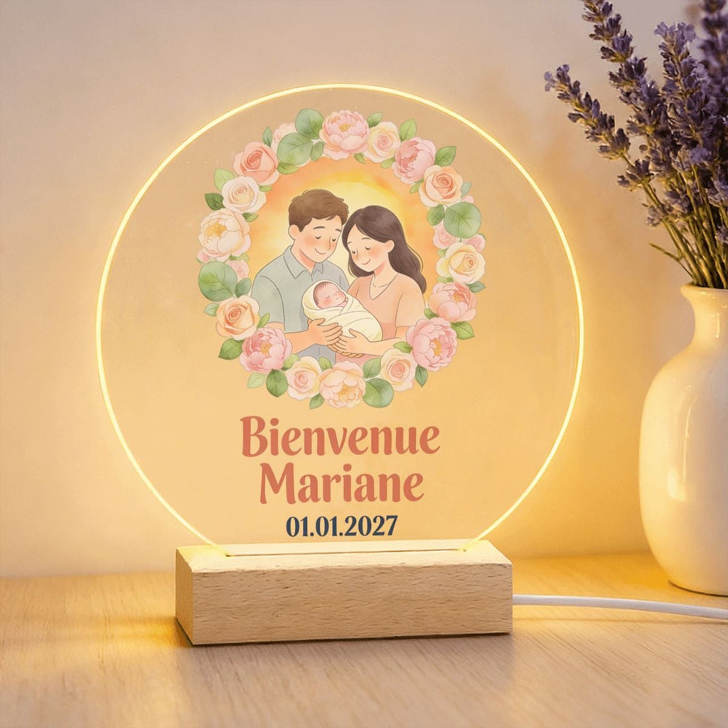 Veilleuse personnalisée prénom et date, thème naissance en famille (vue 6)